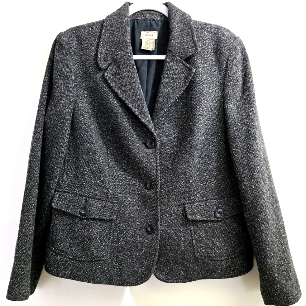 S O L D  LL Bean Dark Gray Tweed Wool Blend Tailored Blazer size L/P - Picture 15 of 15